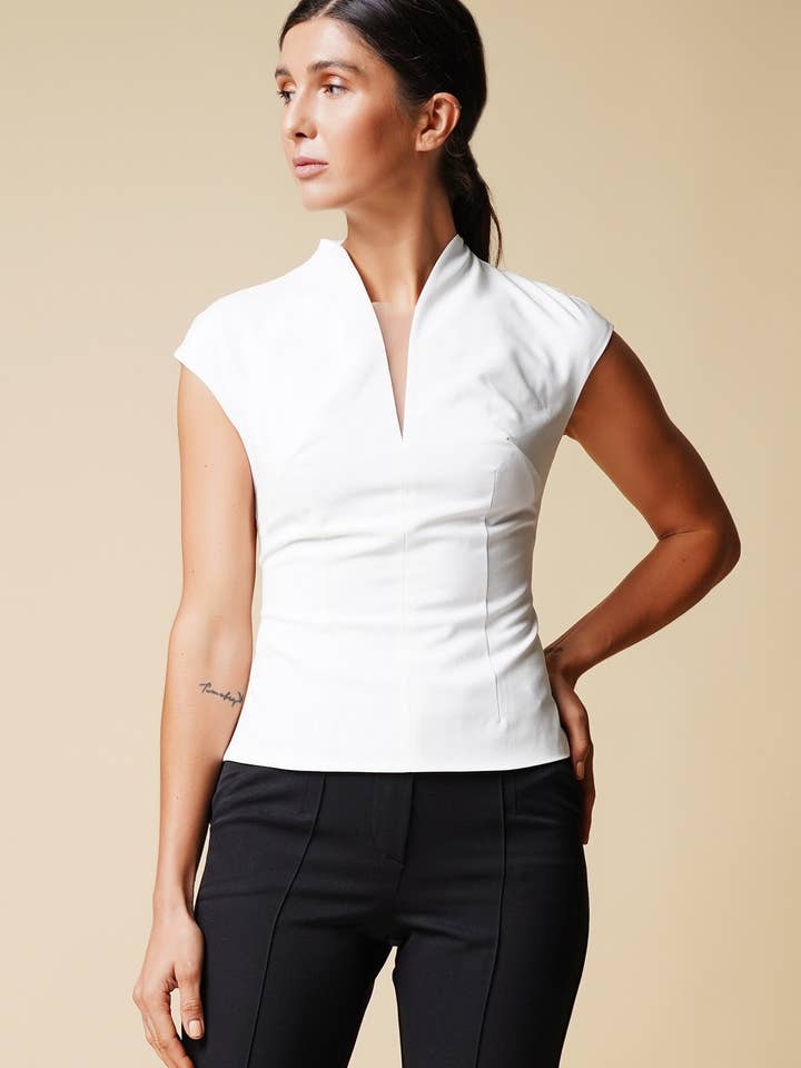 High neck cap sleeve white blouse for wholesale by TAVROVSKA