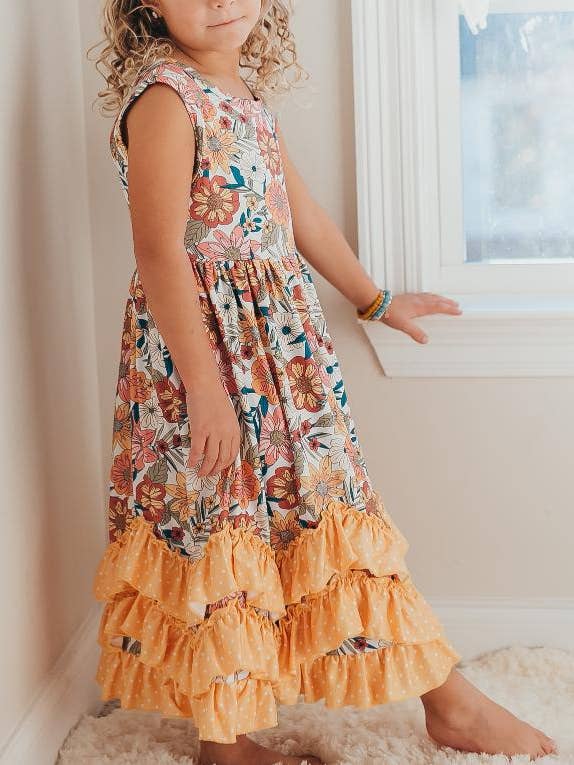 Kids Retro Butter Floral 3 Ruffle Spring Summer Easter Dress for wholesale by Adorable Sweetness