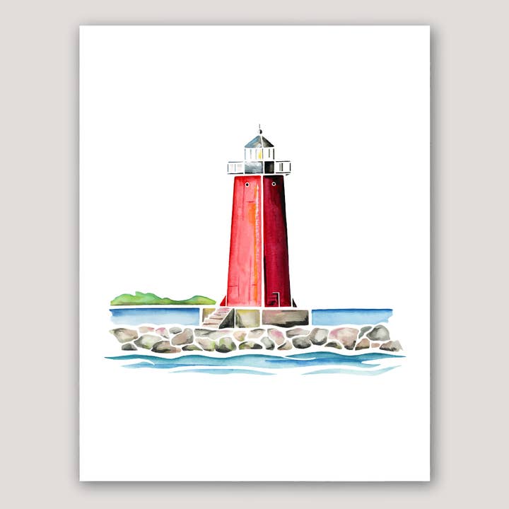 Manistique Lighthouse (Michigan) watercolor print for wholesale by Emily Frushour