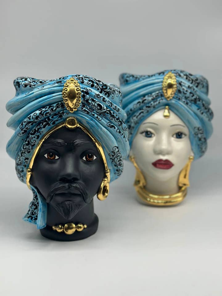 Teste di Moro Atena Ceramica Caltagirone cm H.24 L.18 Artesanal Opaque Celeste Dourado Barroco por atacado de DD Ceramiche Siciliane