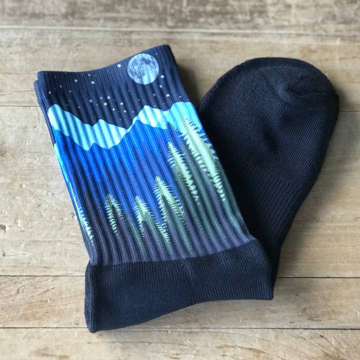 Night Mountain Scene Crew Socks (Blue) for wholesale by Simply Me • Gentlemen Est. 2017 LLC