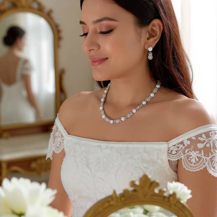 Athena Bridal Jewellery - Wholesale Jewellery set - CZ COLLECTION - LUXE PEARL NECKLACE SET - CZNK 272 SILVER