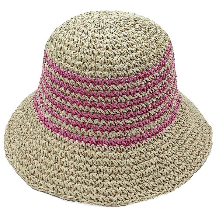 Fashion City - Wholesale Bucket Hat - Women's - Two Tone Stripe Straw Crochet Bucket Hat13