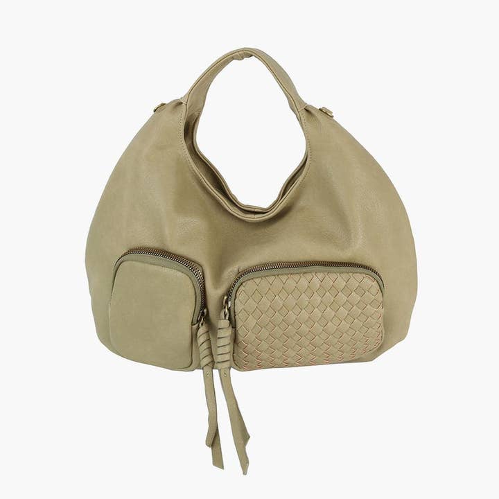 Woven Accent Front Pocket Hobo Handbag for wholesale by Handbag Express