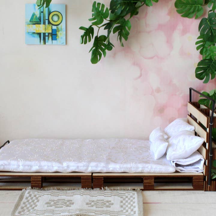 Miniature palle seng, dobbelt størrelse indrammet dukkehus møbler for engroshandel hos Lenasminiland