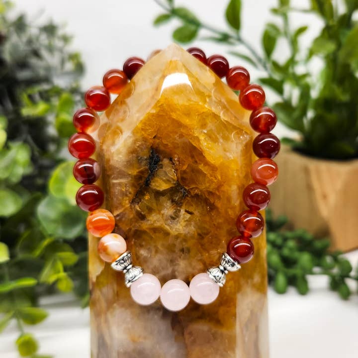 Meraki Gemstones - Wholesale Beaded Bracelet - SELF LOVE - Rose Quartz(center)/Banded Carnelian, 7.5" Long