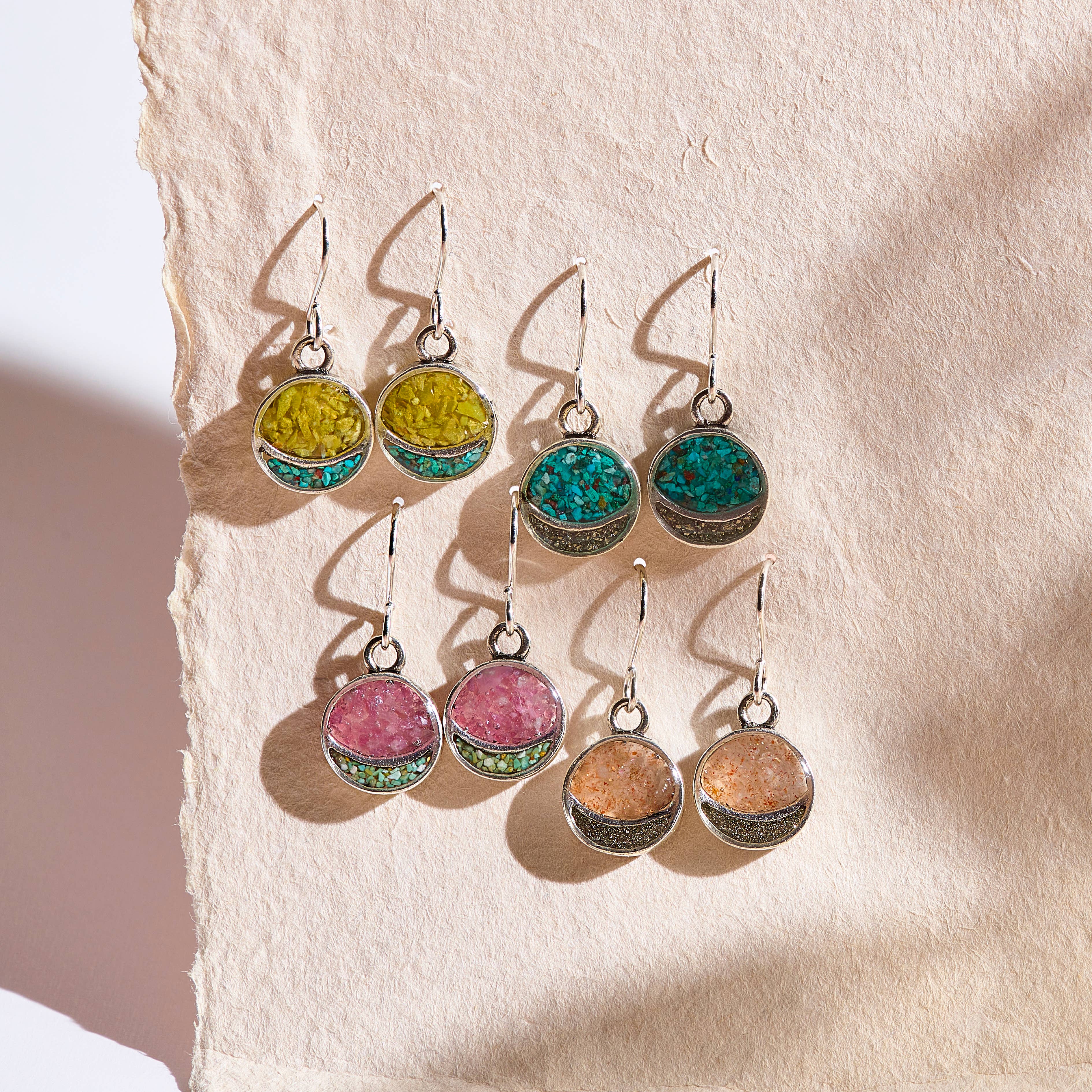 Cameoko - Wholesale Dangle Earrings - Full Moon crushed gemstone earrings in silver0