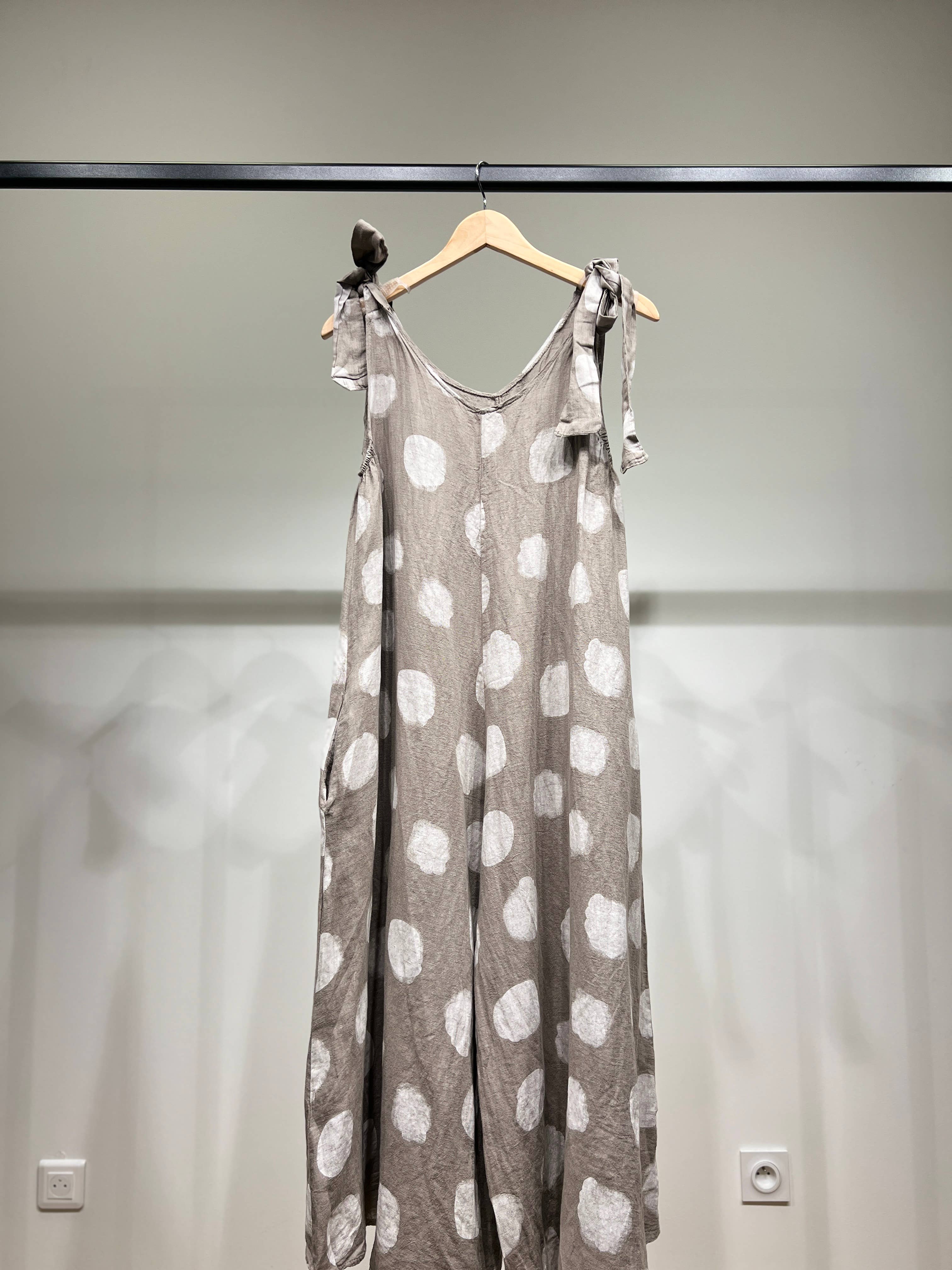 L'Emotion - Vente Combinaison – femme -  Combinaison à Pois Bretelles Nœuds Ajustables 100% Lin0