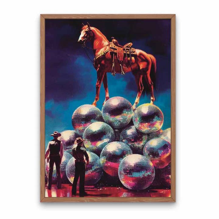 Imprimé Disco Ball, cowboy et cheval, art occidental moderne unique pour la vente par Lady Kady Art
