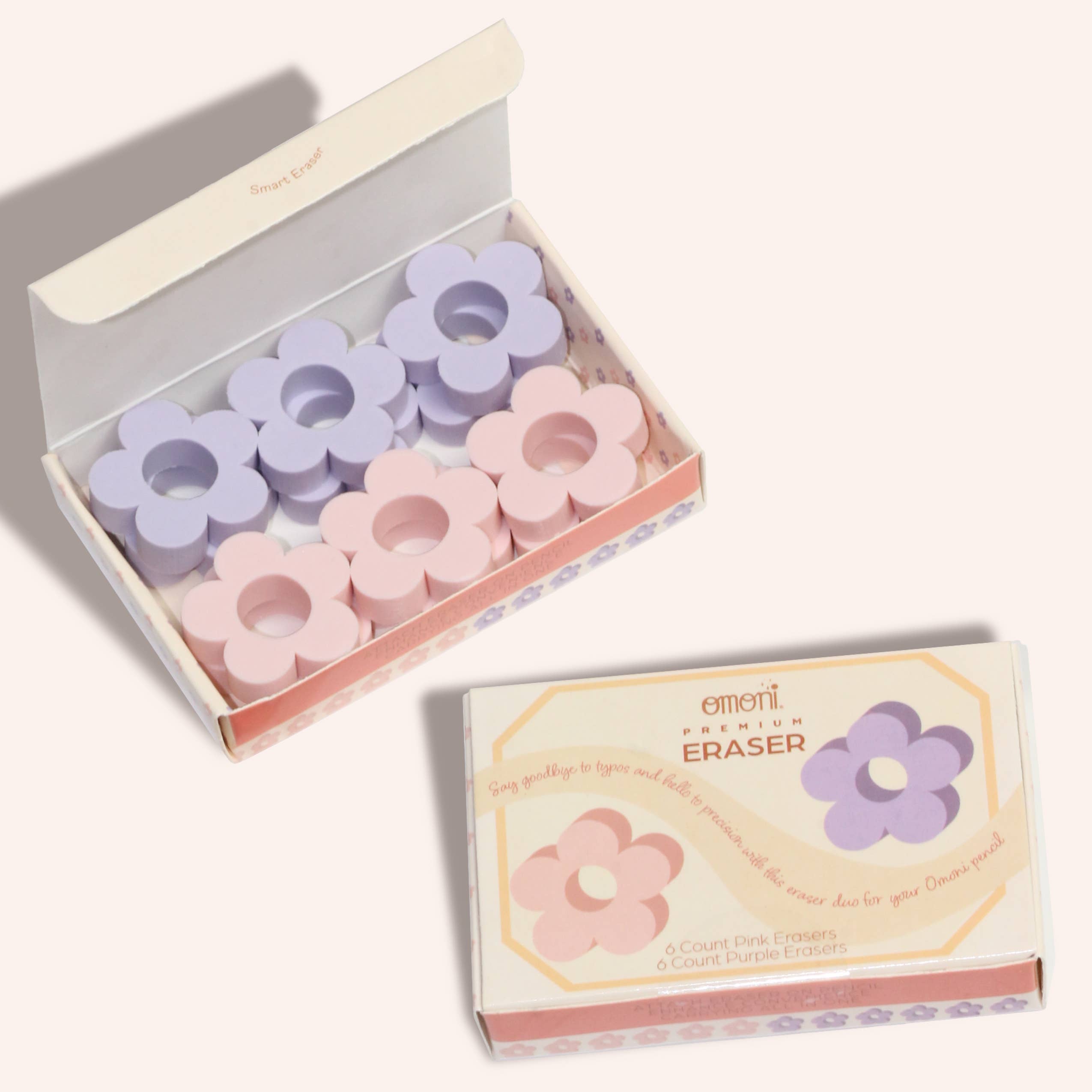 Omoni Designs – wholesale Eraser – Daisy Pencil Top Pink & Purple Eraser 12 Pack5