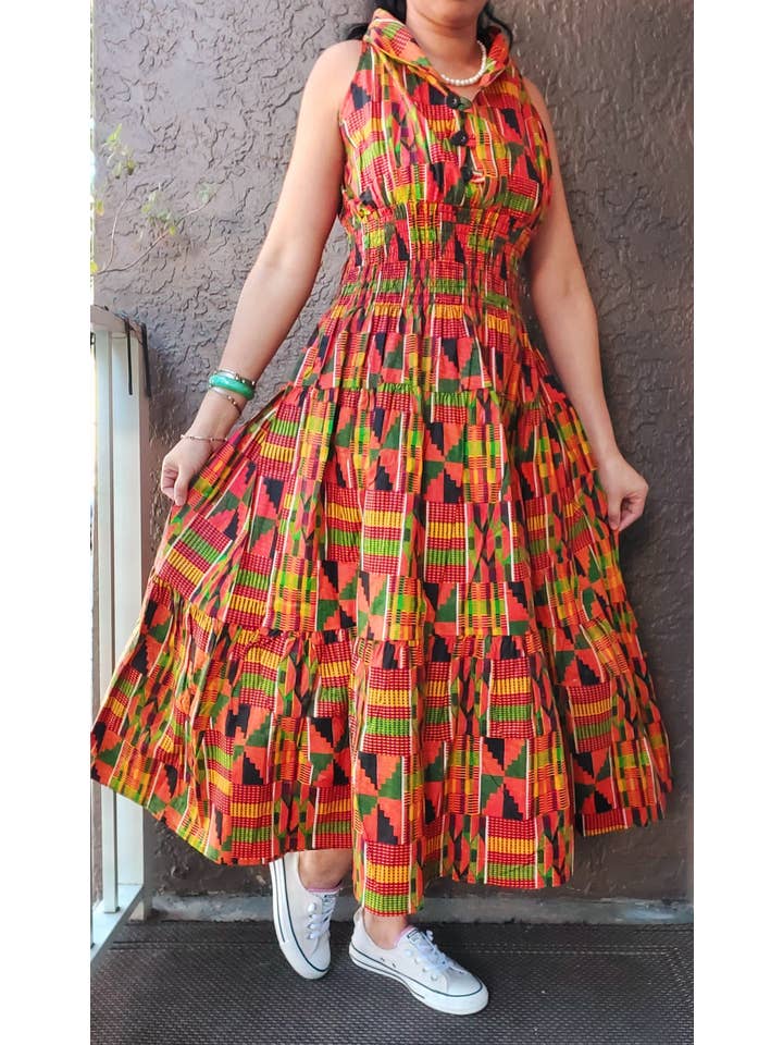 India Batik - Wholesale Dress - Women's - 3028L Smocked Dress/Head Scarf - Orange Kente