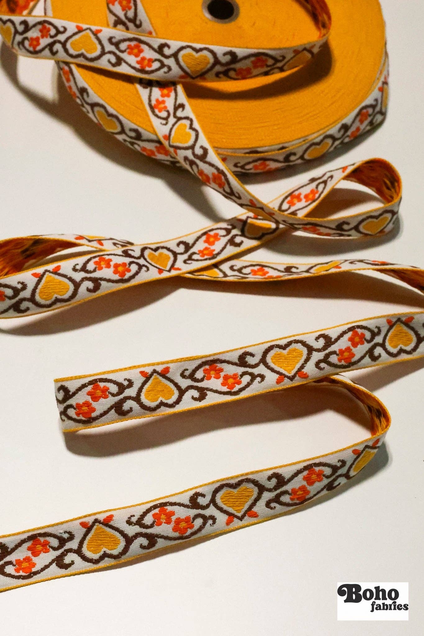 Boho Fabrics - Wholesale Ribbon - Gift Wrapping - 36 Yard Roll - Golden Hearts, 7/8" Jacquared Woven Trim.  TRIM-0063