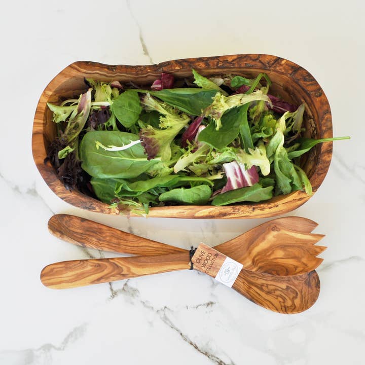 Coffret cadeau en bois d'olivier et couverts à salade en bois d'olivier pour la vente par Naturally Med Inc.