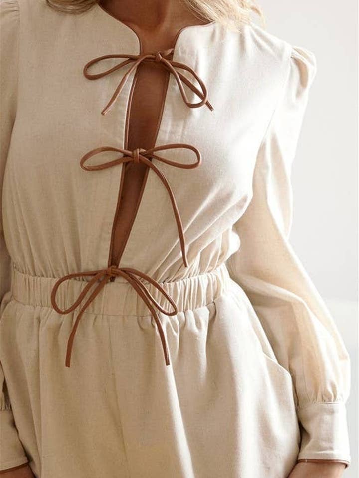 Rosa Clothing - Wholesale Romper - Women's - contrast bow tie front closure long sleeve romper5