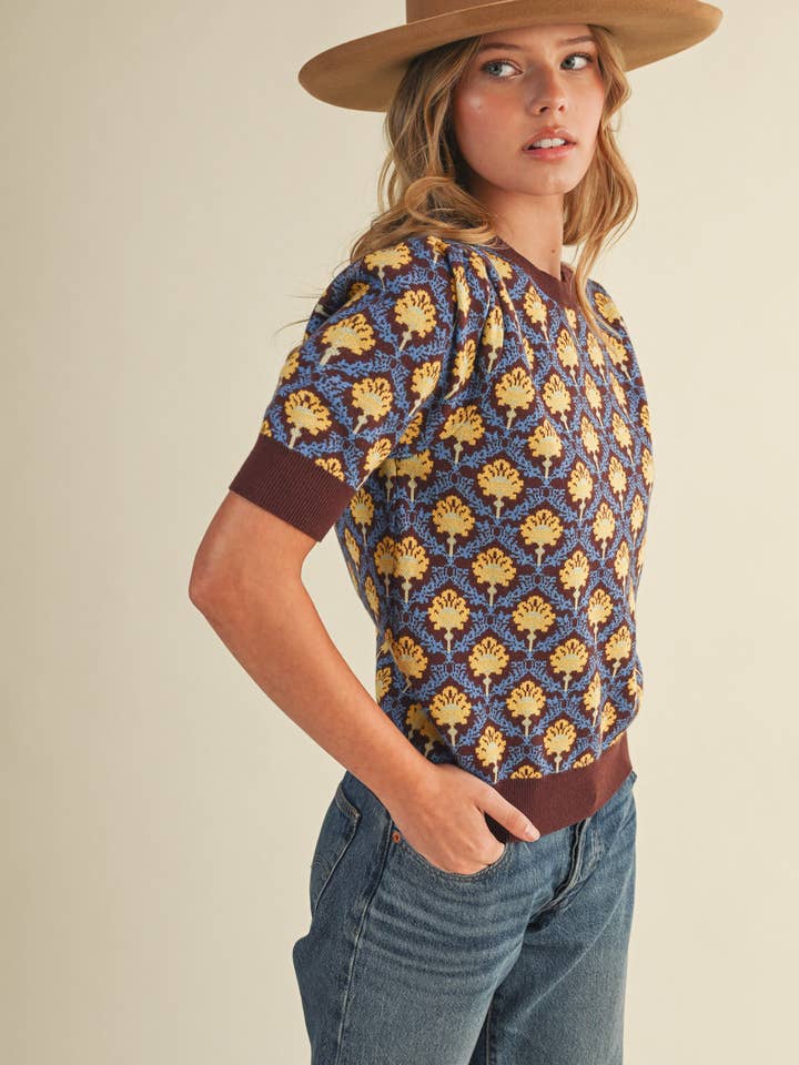 &MERCI - Wholesale Knit Sweater - Women's - FLORAL PATTERN SHORT SLEEVE SWEATER MSW108602