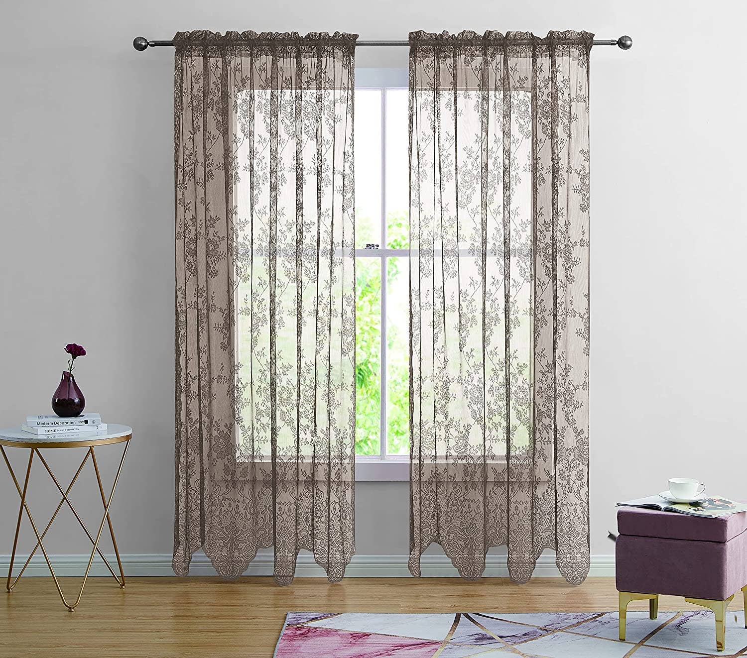 Jenin Home Furnishing Inc - Wholesale Curtain - 2pc Alison Sheer Flower Floral Lace Rod Pocket Curtain Panel2