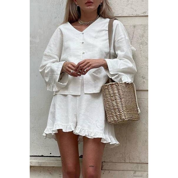 White Long sleeve blouse Ruffle Decor Shorts Set for wholesale on Faire