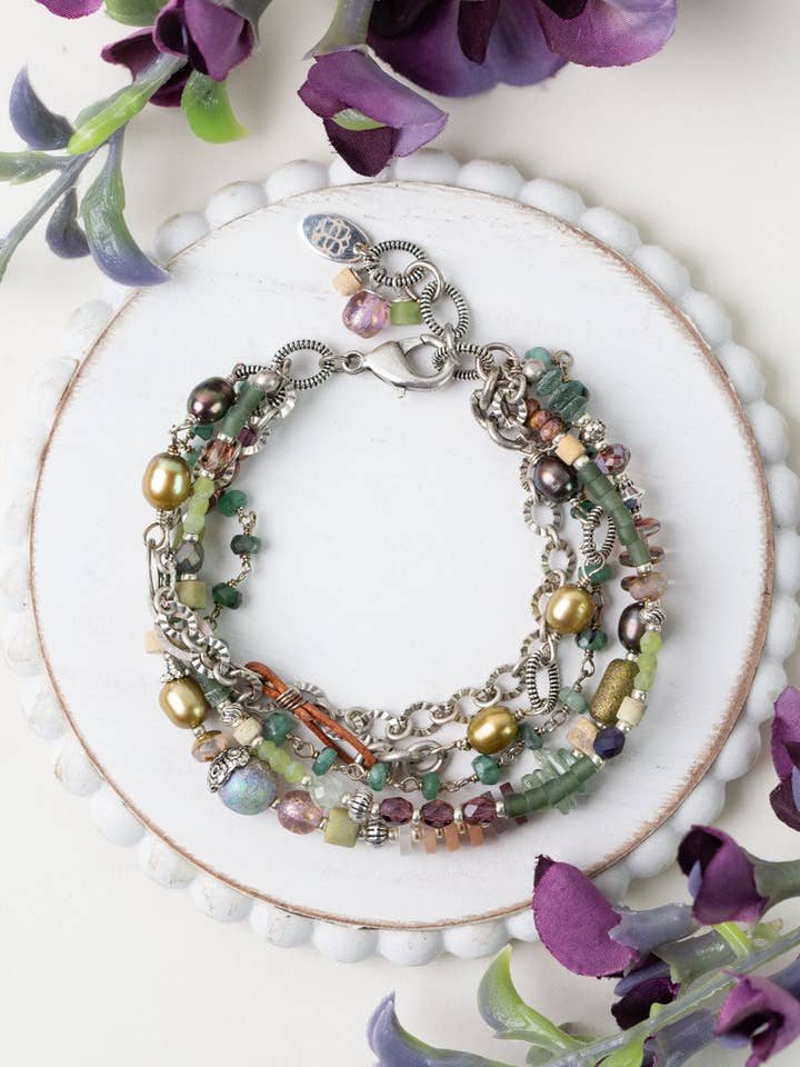 Water Lily 7.5-8.5" Czech Glass, Muscovite, Prehnite Multistrand Bracelet for wholesale by Anne Vaughan Designs Jewelry