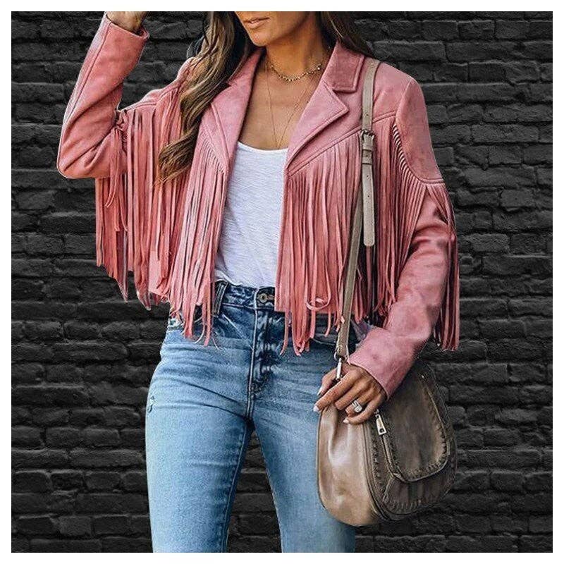 Plush Looks - Wholesale Jacket - Women's - Solid Color Lapel Long Sleeve Fringe Jacket2