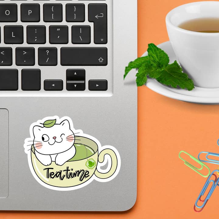 KairiCHICK Designs – Großhandel Aufkleber – Tea Time Tea Cup Cute Cat Sticker aus Vinyl, gestanzt, matt2