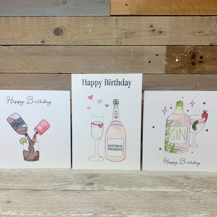 Pack of 3 Alcohol Themed Birthday Cards for wholesale by Arty Bee Designs