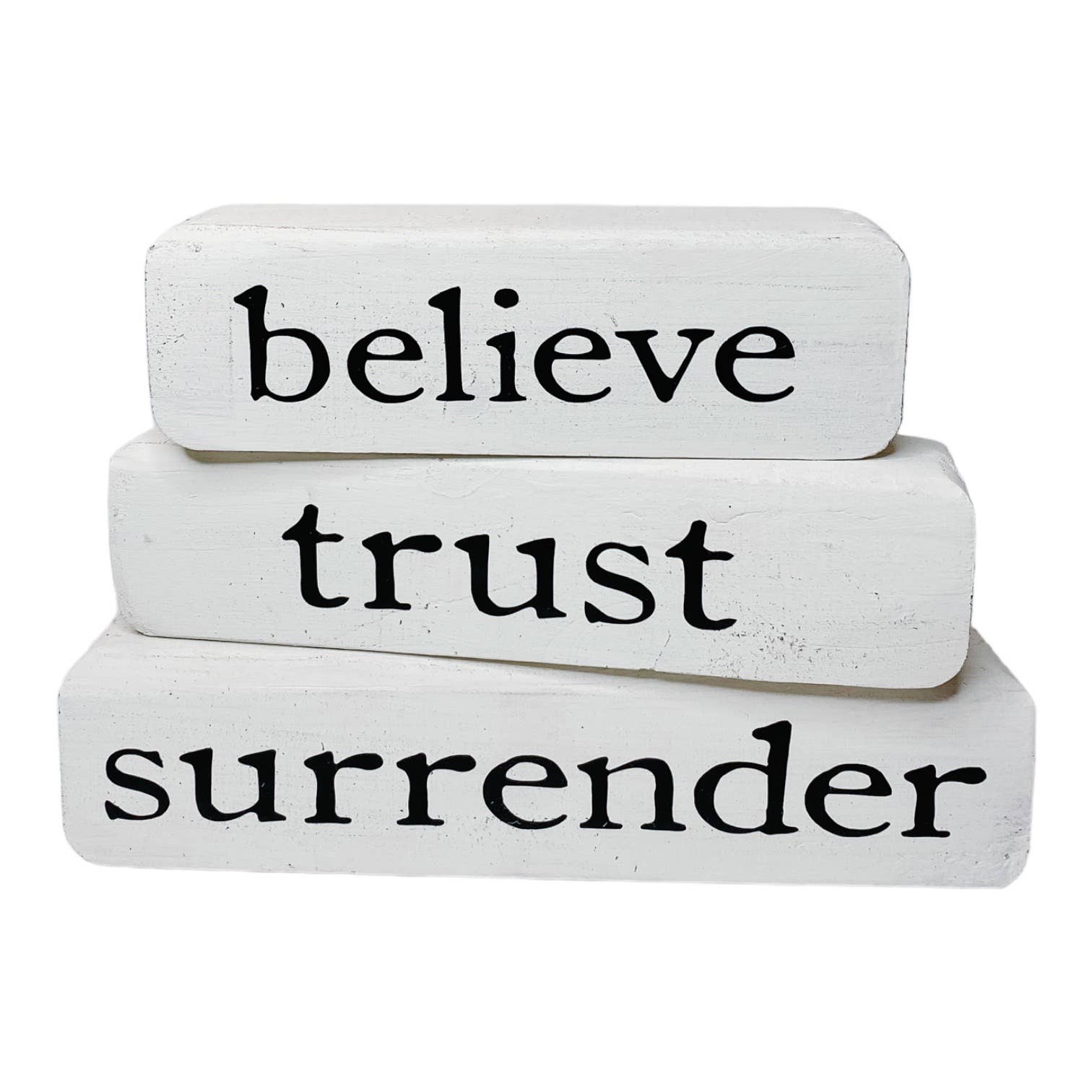 Joshua Jar - Wholesale Sign - Rustic Faith- Believe Trust Surrender – Brown Stacked Blocks2