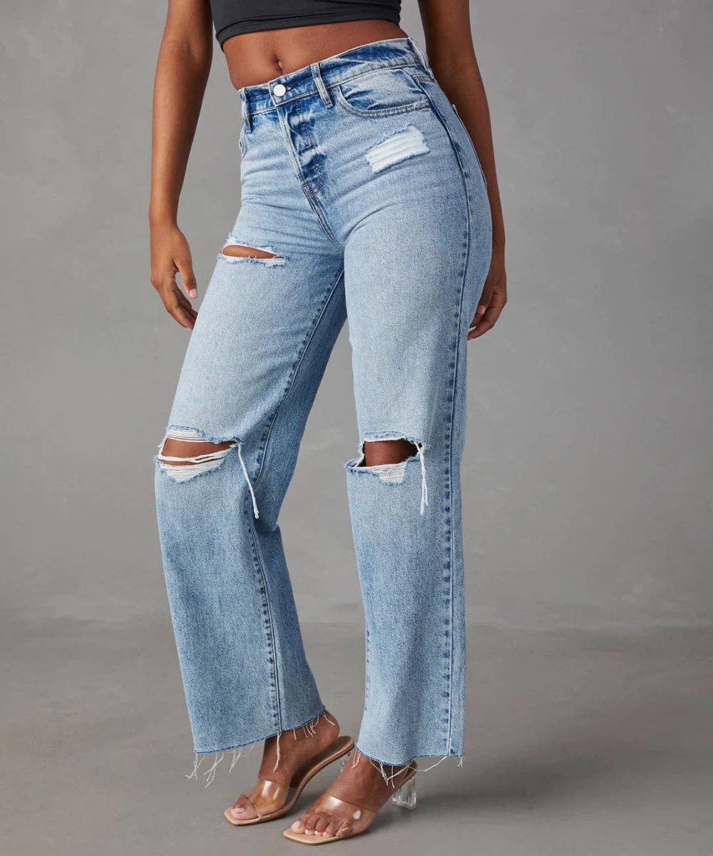 Blue Fringe Hem Straight Leg Jeans for wholesale on Faire1