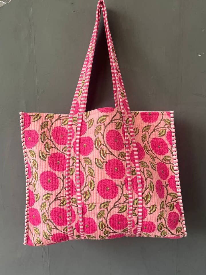 Floral & Block Print Quilted Kantha Tote Bag for Women for wholesale by Bhawana Handicrafts