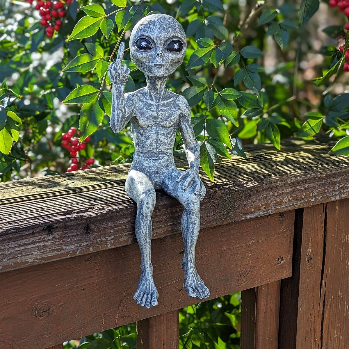 John Bernard & Company - Wholesale Outdoor Ornament/Decor - Rude Alien Statue “Flipping The Bird” 10″ H Shelf Sitter 4