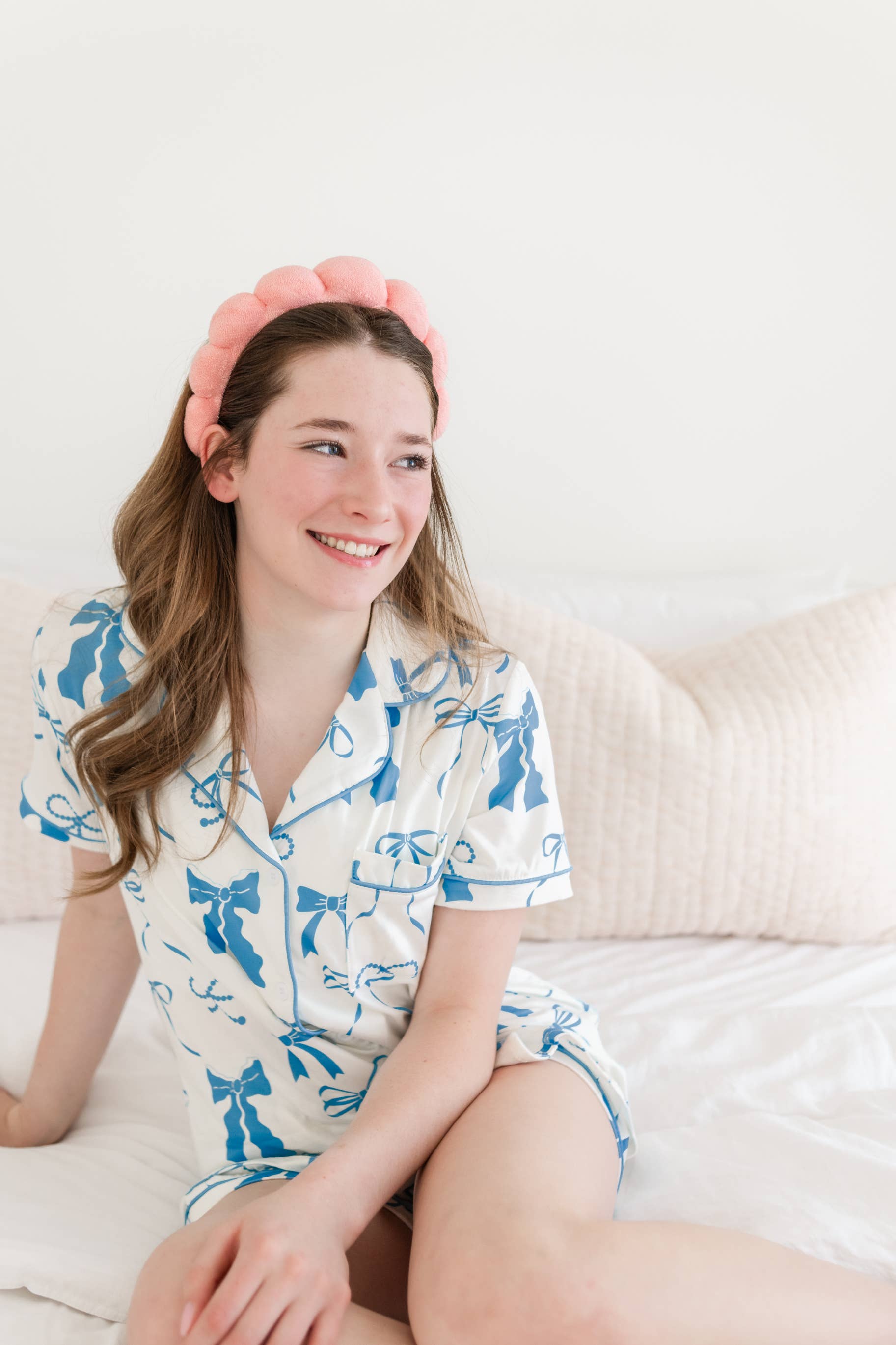 Rock Paper Scissors - Vente Haut et bas de pyjama – femme - Ensemble de pyjama à manches courtes avec nœuds bleu et crème5