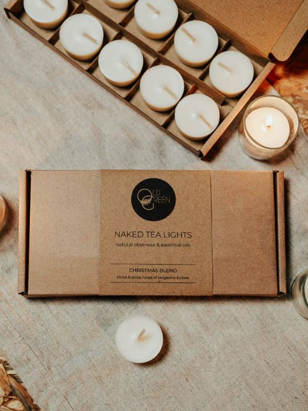 Box of 10 Olive Wax Christmas Tealights - 40 hour burn time for wholesale by Old Green