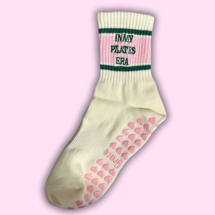 In my Pilates era retro pink & green grip sock for wholesale by MollyGraceGripSocks
