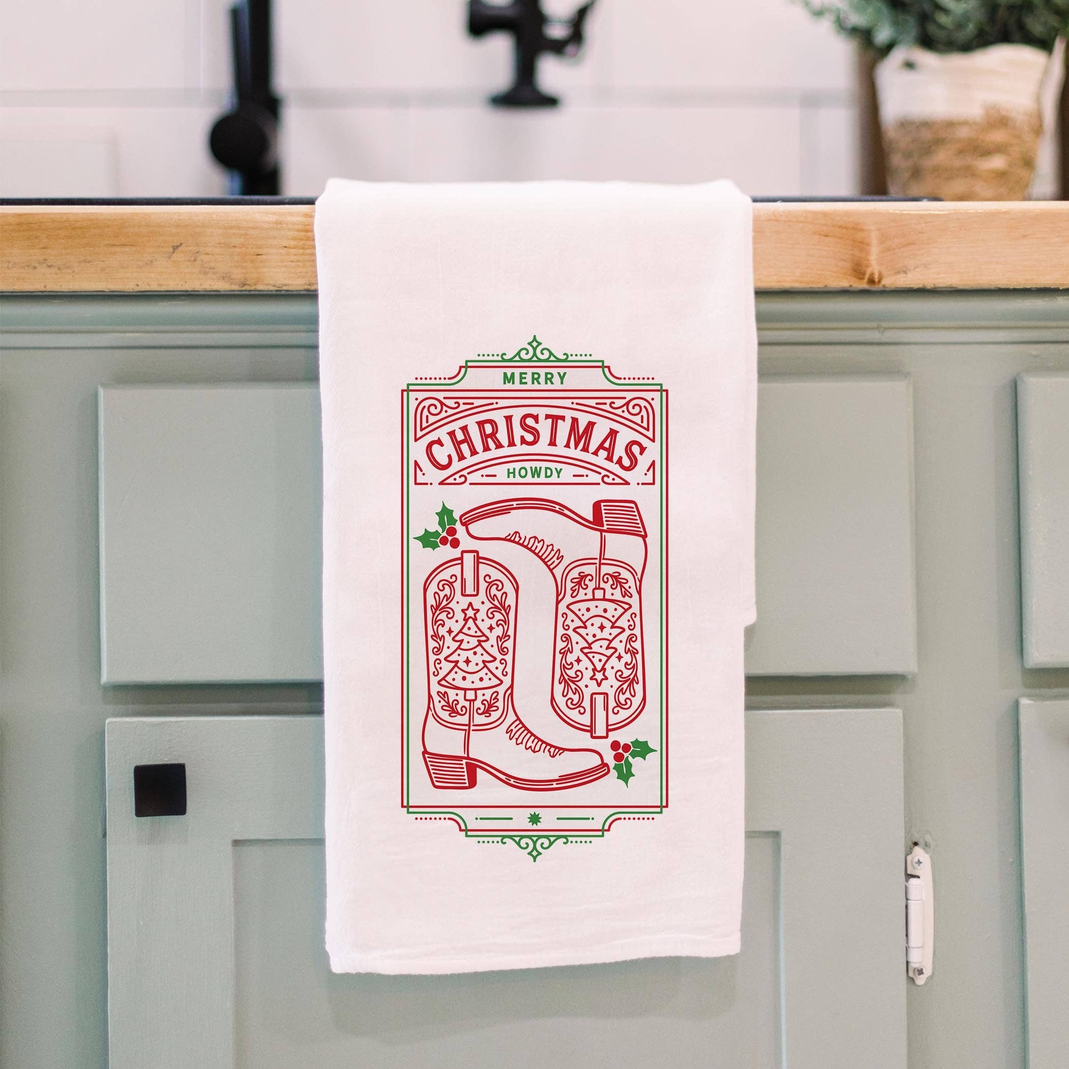 White Cotton Tea Towel White-Western Christmas for wholesale on Faire3