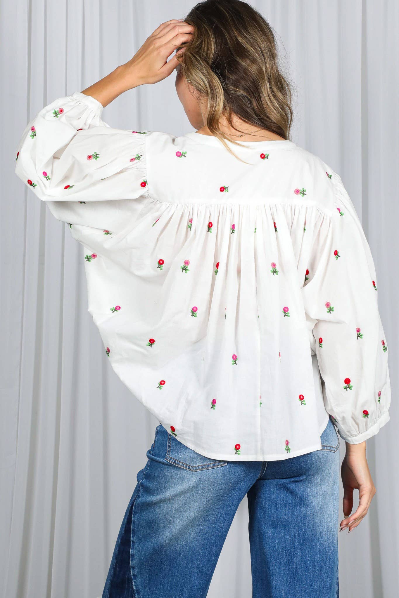 Off White English Ross Embroidered Draped 3/4 Sleeve Blouse VT82897 for wholesale on Faire7