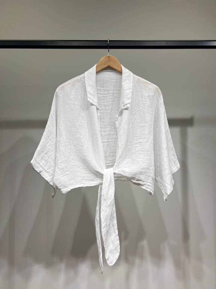 L'Emotion - Wholesale Blouse - Women's - Cropped Blouse 3/4 Sleeve Tied 100% Linen