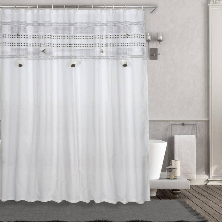 Pom Pom Embroidered Fabric Shower Curtain Liner White & Grey for wholesale on Faire