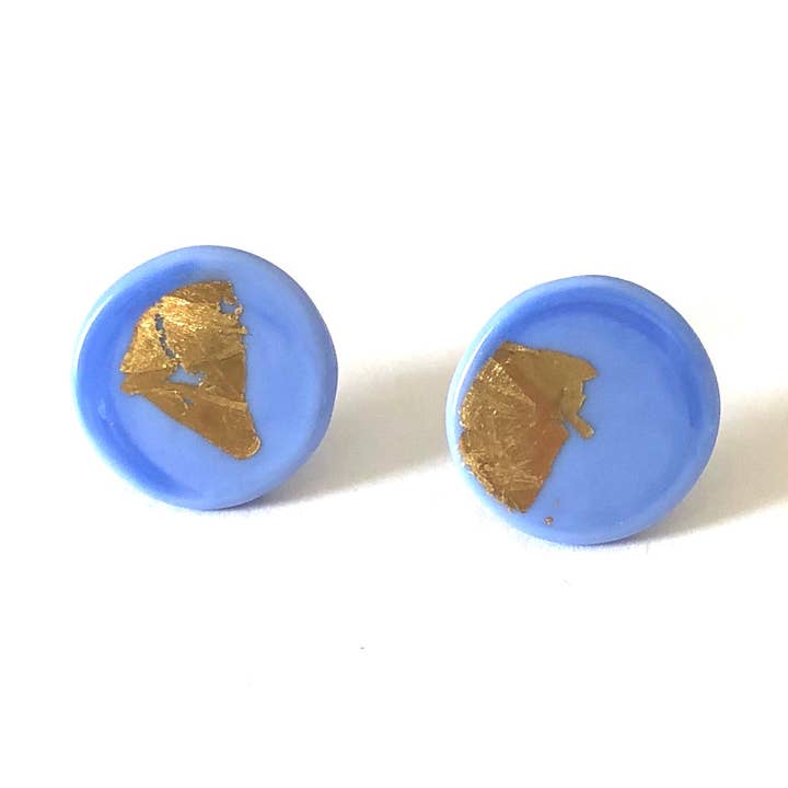 Gold Periwinkle Handmade Glass Button Stud Earrings for wholesale by Helen Chalmers