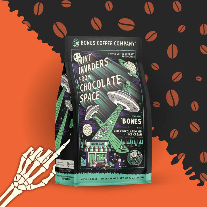 Bones Coffee Company – Grãos de café por atacado – Café com Sabor Mint Invaders | 12oz | Feijão Inteiro e Moído
