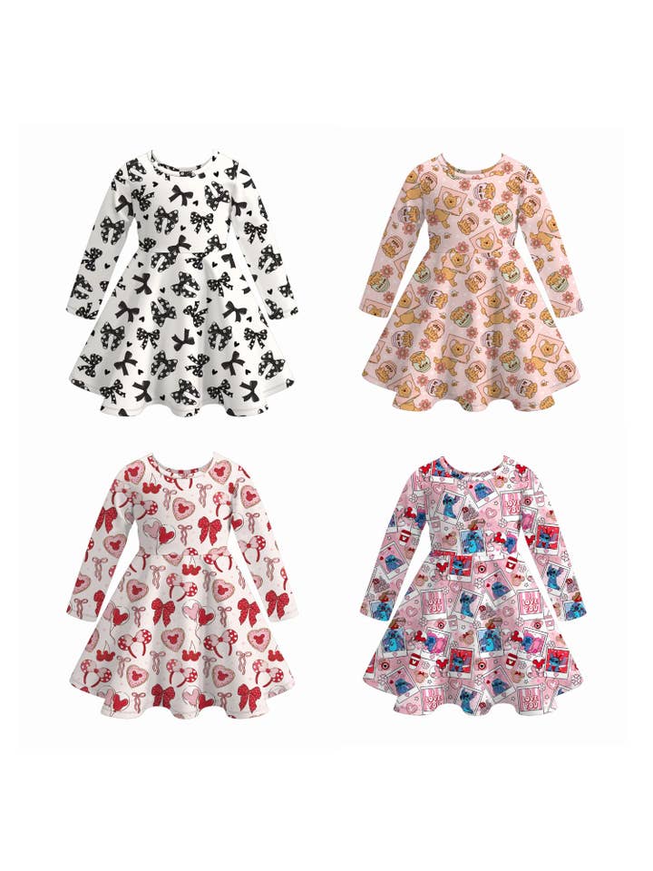 Auraquise - Wholesale Dress - Kids - 2026 Valentine's Day Spring Bow Heart Print Girls Twirl Dress4