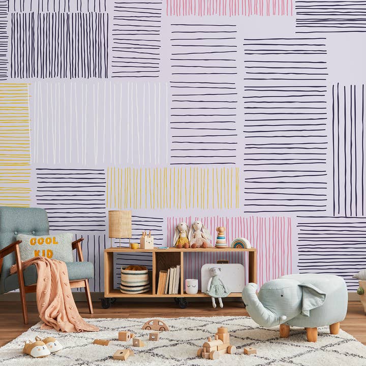 Pastelllila barnkammartapet, modern minimalistisk väggmålning för wholesale av SimurgWallArts