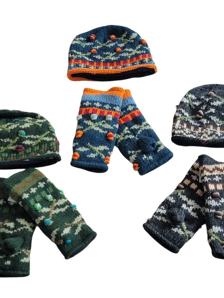 H-31 & G-32 Set Of Hat& Handwarmers Embroidered Flower Stems for wholesale by Evergreen Guardian Imports