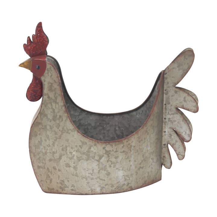 A-94679: MACETERO DE METAL GRIS EN FORMA DE GALLO PARA INTERIOR Y EXTERIOR, 12" X 8" para venta al por mayor de Import Corner