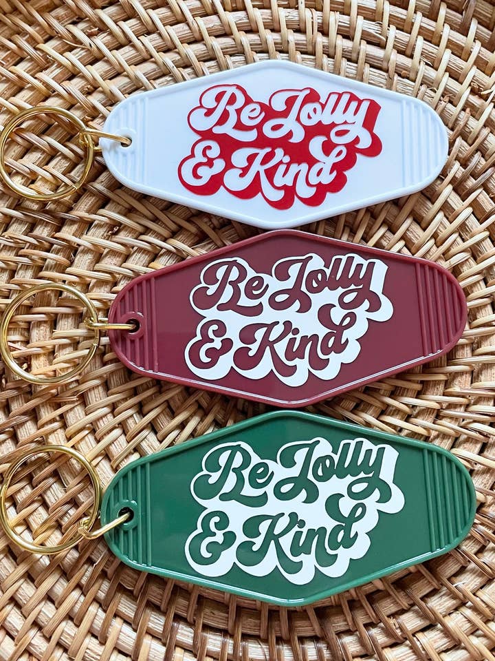 Vær munter, jul, retro stil nøglering, Motel nøglering for engroshandel hos Jeanne Mari & Co