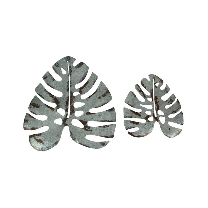 Zeckos - Wholesale Wall Accent - Set of 2 Aged Galvanized Monstera Leaf Wall Decor-16 & 24 in