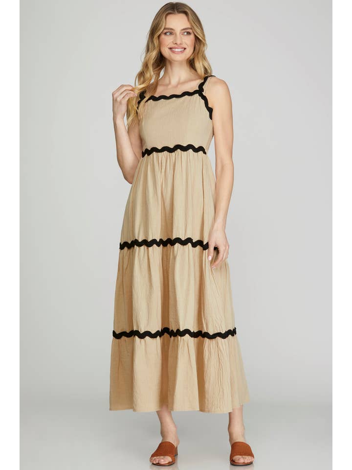 Vanilla Monkey - Wholesale Dress - Women's - Contrast Ric Rac Trim Tiered Midi Dress