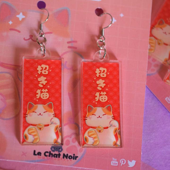 Nekojima Studios - Wholesale Dangle Earrings - Kawaii Acrylic Earrings Bob the Lucky Cat7