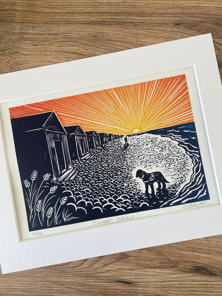 Sunset strolls Beach sunset Dog walk scene linocut art print for wholesale by Jackdaw and Bear