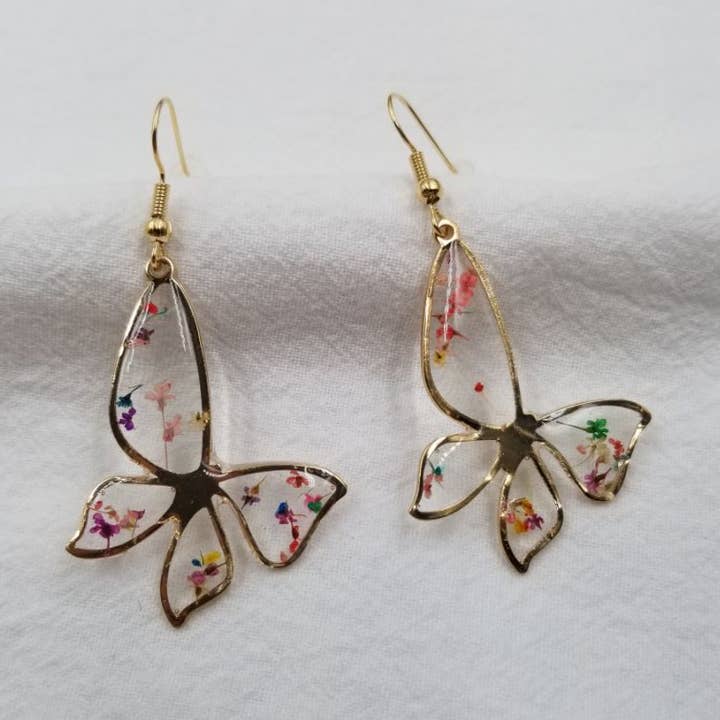 Multicolor Dried Flower Butterfly Earrings for wholesale by ENA Jewelry