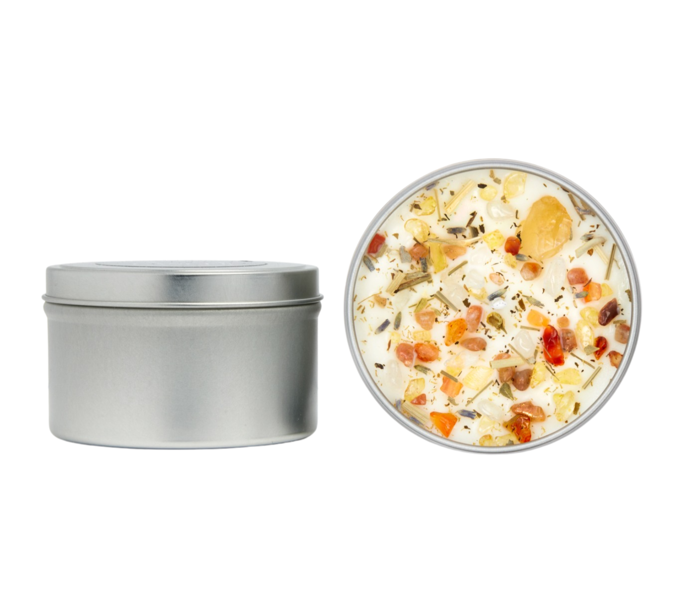 New Moon Beginnings - Wholesale Travel Candles - Crystals & Herb Energy Candles 8oz Tin Soy Candles Handmade2