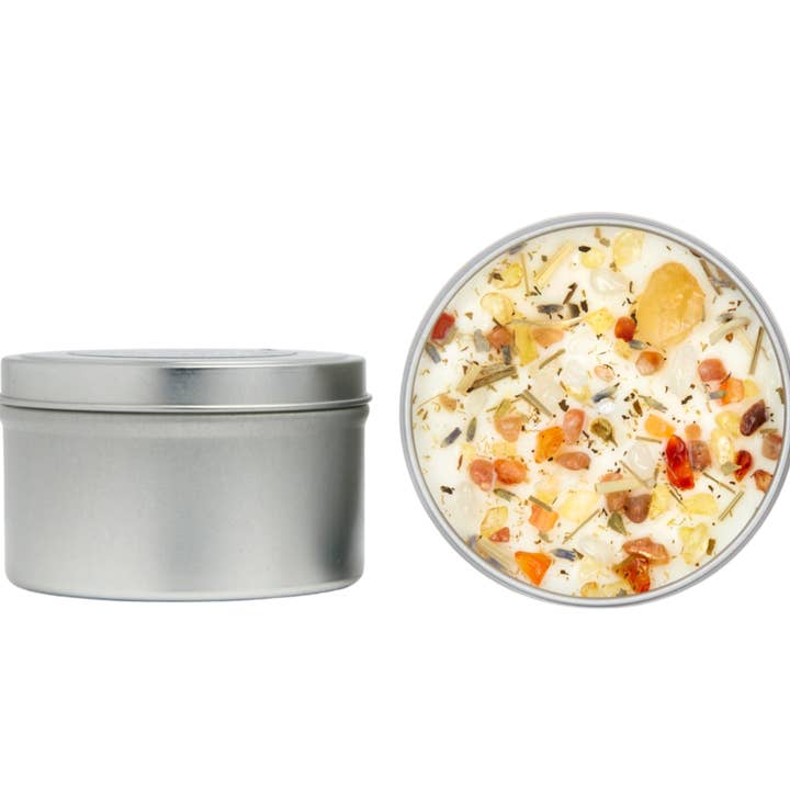 New Moon Beginnings - Wholesale Travel Candles - Crystals & Herb Energy Candles 8oz Tin Soy Candles Handmade2